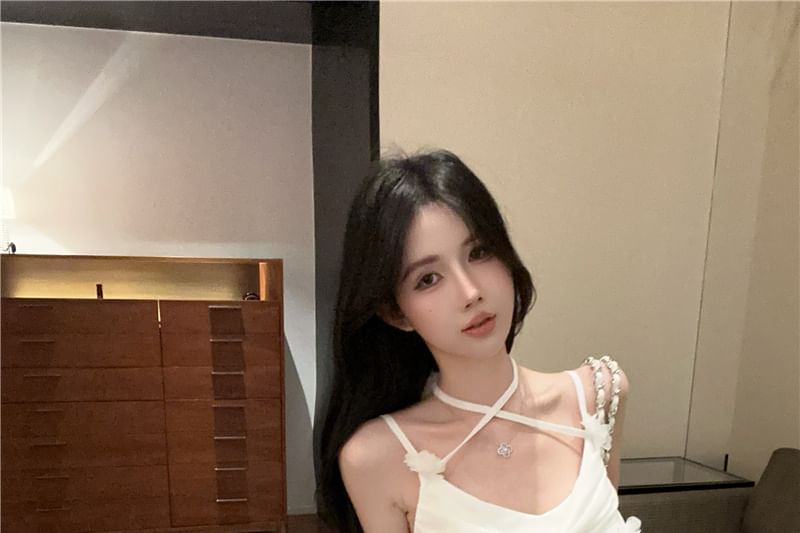 Mermaid Maxi Ruched Detail Dress Spaghetti Side-Slit Plain Strap Flower