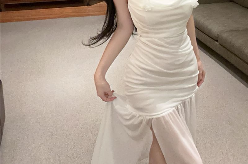 Mermaid Maxi Ruched Detail Dress Spaghetti Side-Slit Plain Strap Flower