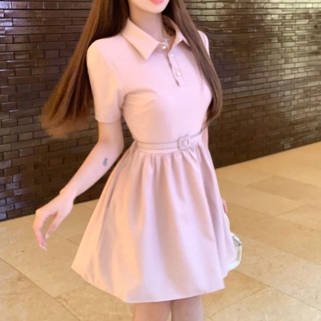 Short-Sleeve A-Line Dress Plain Mini Collar