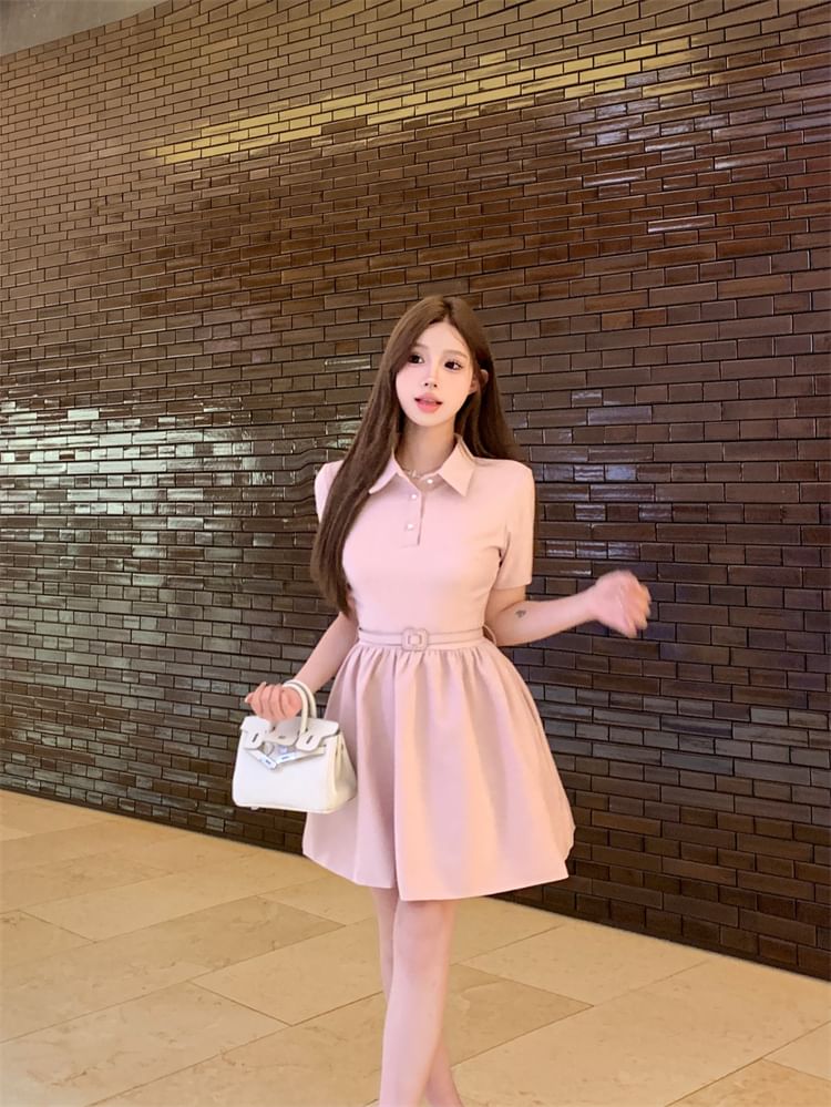 Short-Sleeve A-Line Dress Plain Mini Collar