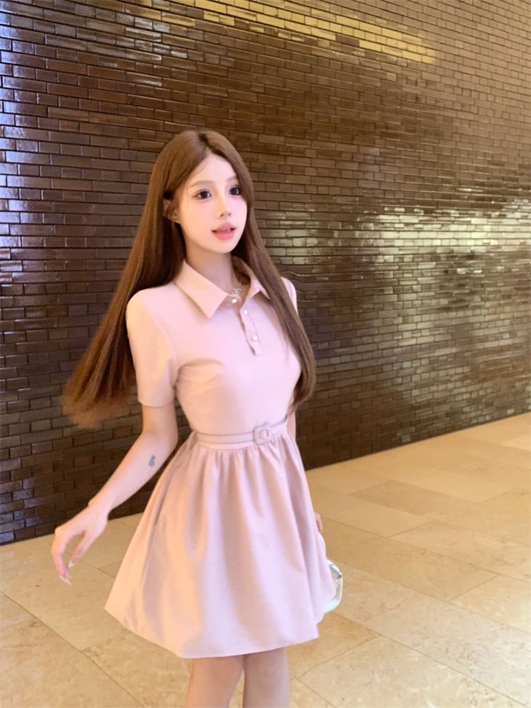 Short-Sleeve A-Line Dress Plain Mini Collar