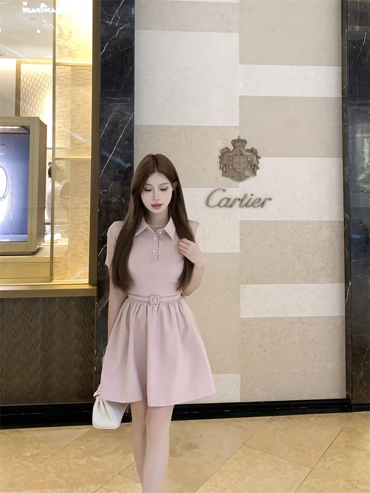 Short-Sleeve A-Line Dress Plain Mini Collar