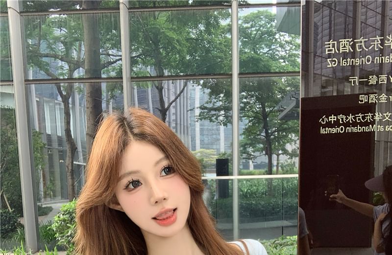 Short-Sleeve Plain Tee Trim Neck Lace Square