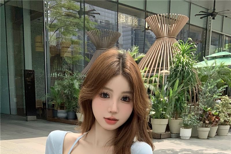 Short-Sleeve Plain Tee Trim Neck Lace Square