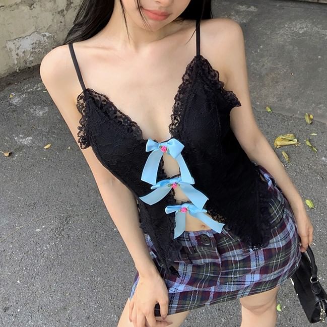 Bow Cutout Camisole Top Trim Lace