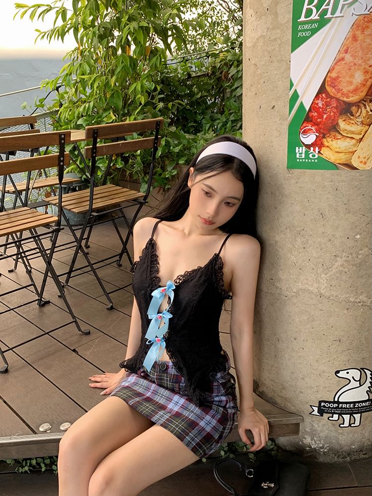 Bow Cutout Camisole Top Trim Lace