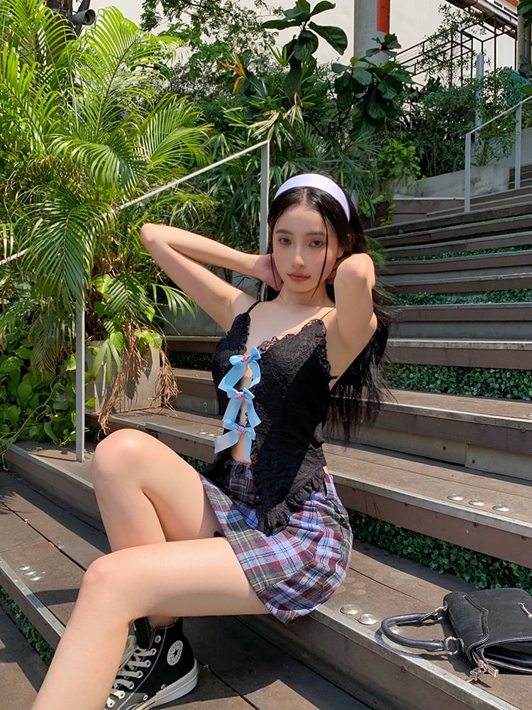 Bow Cutout Camisole Top Trim Lace