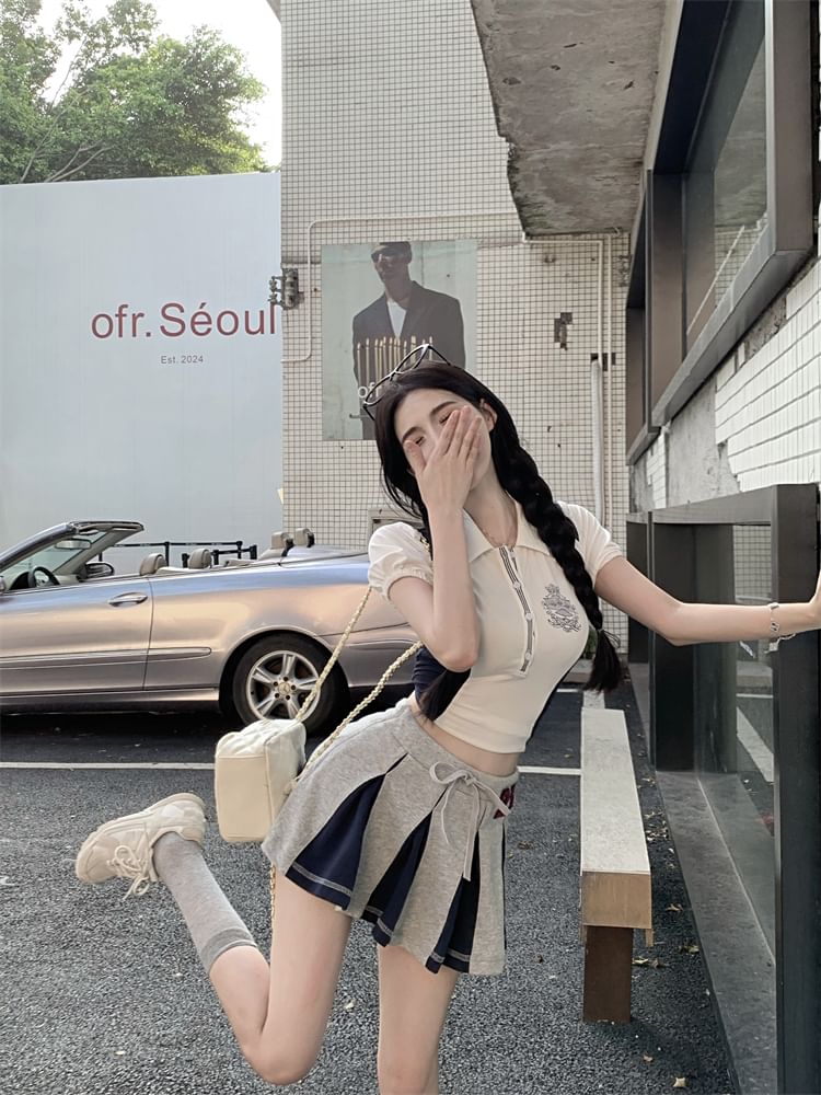 Embroidered Logo Polo Short-Sleeve Crop Shirt