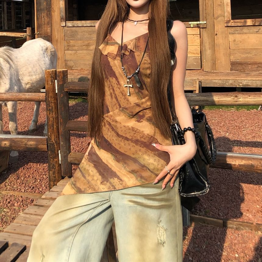 Top Asymmetrical Ruffled Printed Camisole