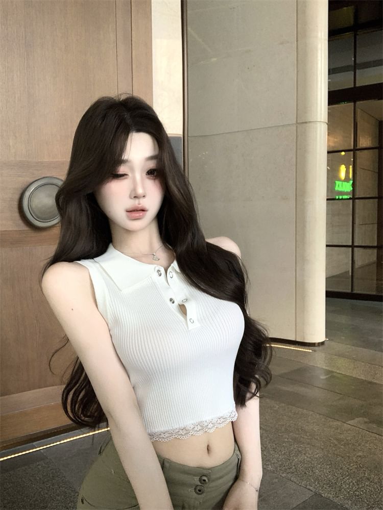 Lace Sleeveless Plain Top Trim Collared