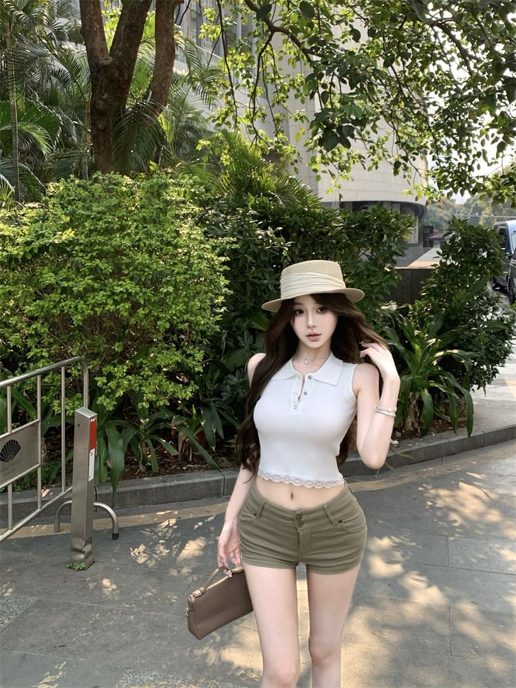 Lace Sleeveless Plain Top Trim Collared