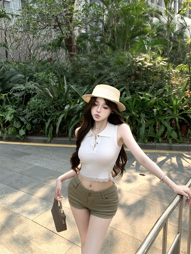 Lace Sleeveless Plain Top Trim Collared