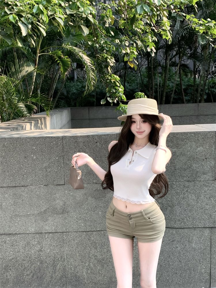 Lace Sleeveless Plain Top Trim Collared