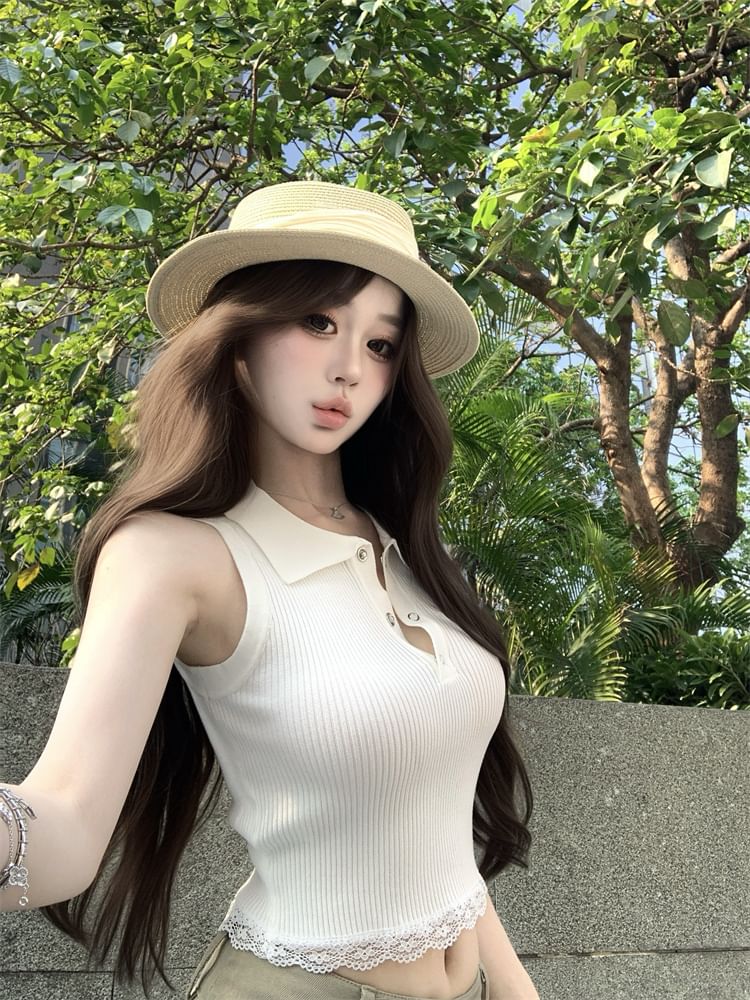 Lace Sleeveless Plain Top Trim Collared