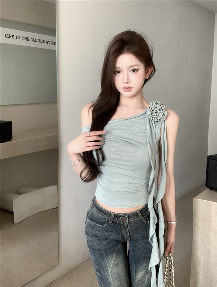 Crop One-Shoulder Shirred Plain Floral Top