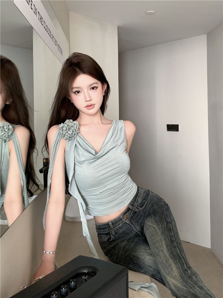 Crop One-Shoulder Shirred Plain Floral Top