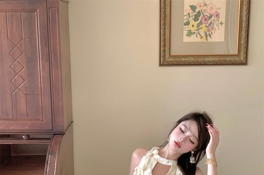 Dress Plain Set: Mini A-Line Balloon Shorts Halter-Neck Ruffled +