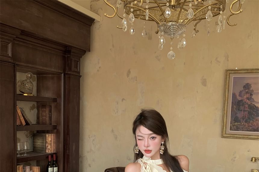 Dress Plain Set: Mini A-Line Balloon Shorts Halter-Neck Ruffled +