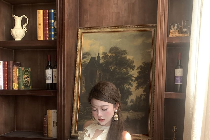 Dress Plain Set: Mini A-Line Balloon Shorts Halter-Neck Ruffled +