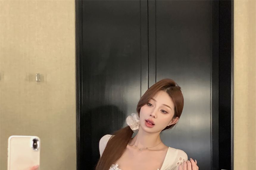 A-Line Trim Mini Dress Square-Neck Floral Short-Sleeve