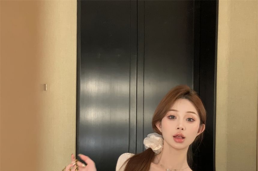 A-Line Trim Mini Dress Square-Neck Floral Short-Sleeve