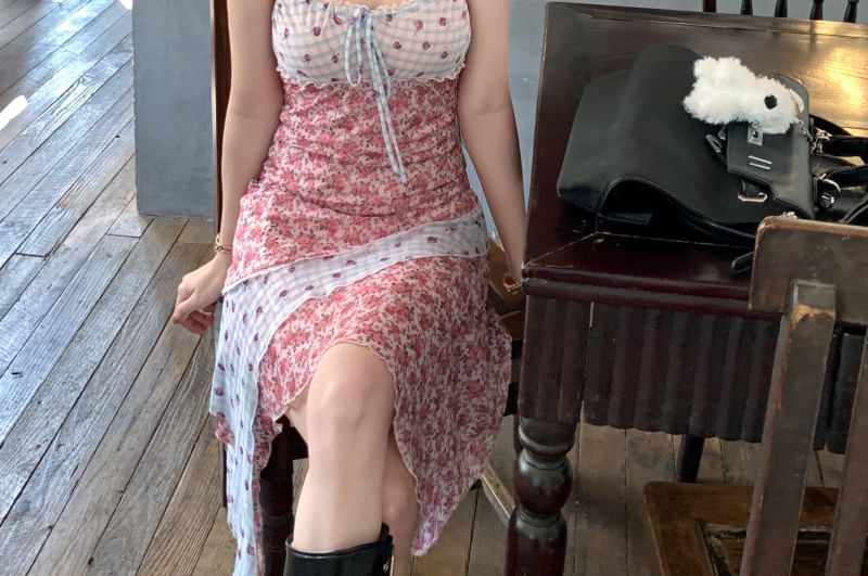 Panel Floral Print Strap Asymmetrical Bodycon Spaghetti Mini Dress