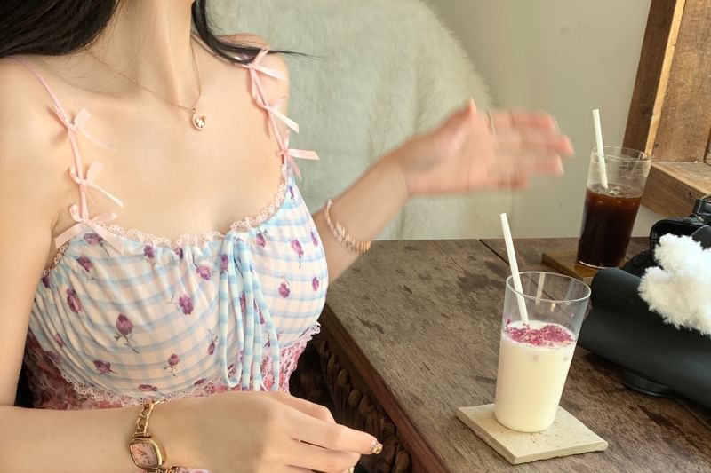 Panel Floral Print Strap Asymmetrical Bodycon Spaghetti Mini Dress