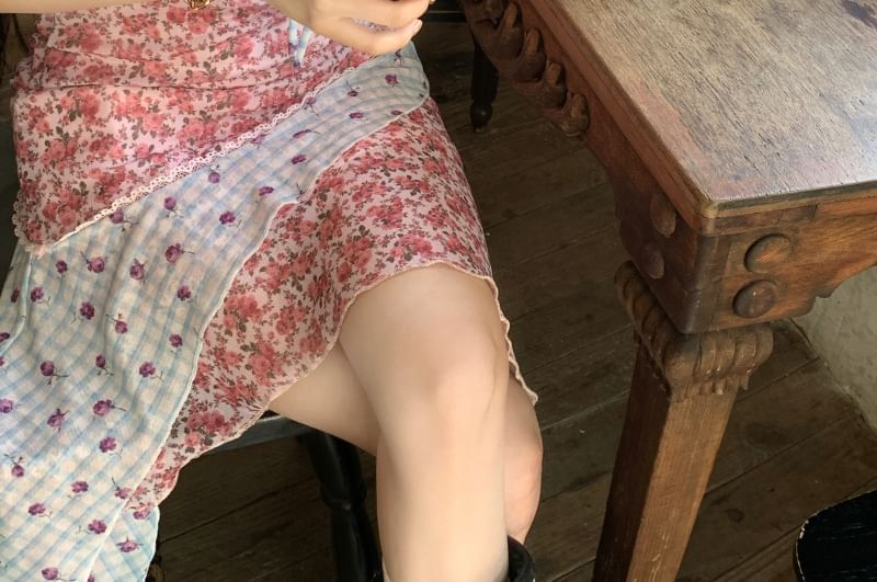 Panel Floral Print Strap Asymmetrical Bodycon Spaghetti Mini Dress