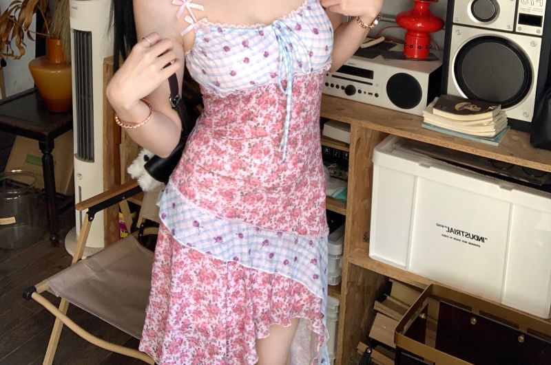 Panel Floral Print Strap Asymmetrical Bodycon Spaghetti Mini Dress