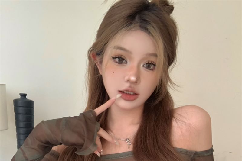 Long-Sleeve Set: Tube Crop + Camo Print Top Off-Shoulder Mesh