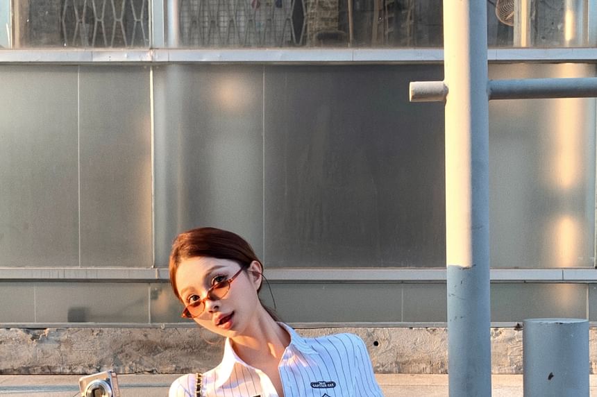 Button-Up Shirt Elbow-Sleeve Striped Numbering