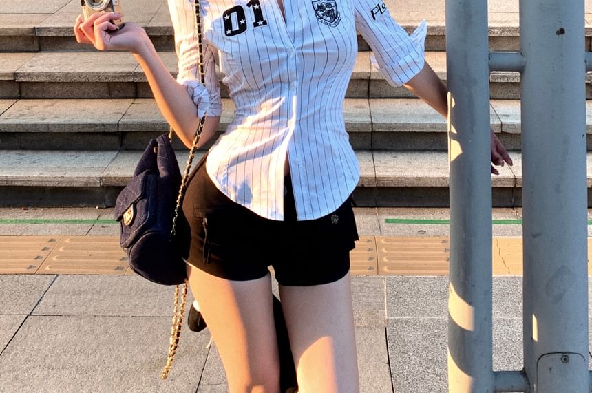 Button-Up Shirt Elbow-Sleeve Striped Numbering