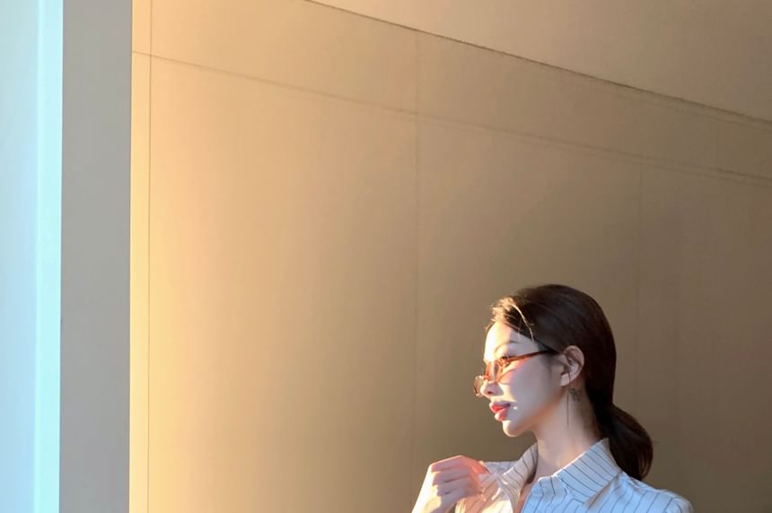 Button-Up Shirt Elbow-Sleeve Striped Numbering