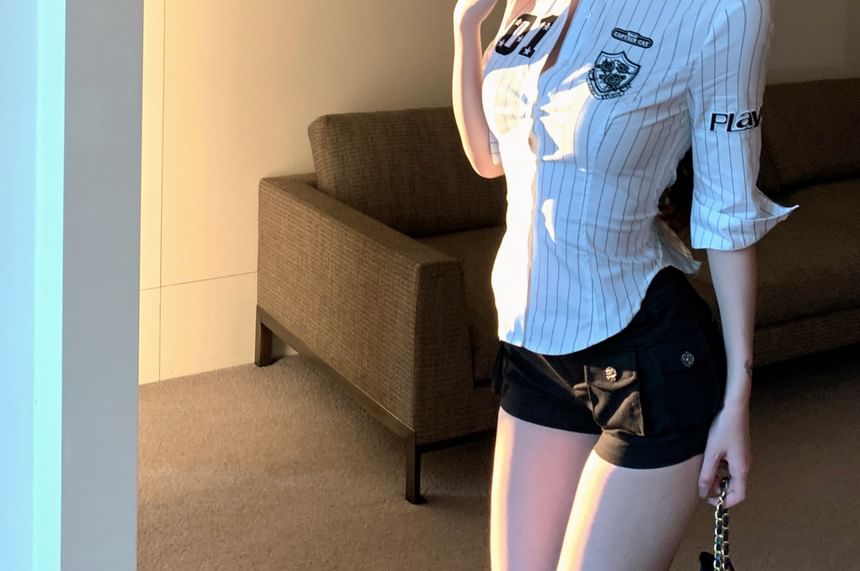 Button-Up Shirt Elbow-Sleeve Striped Numbering