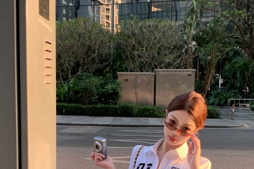 Button-Up Shirt Elbow-Sleeve Striped Numbering