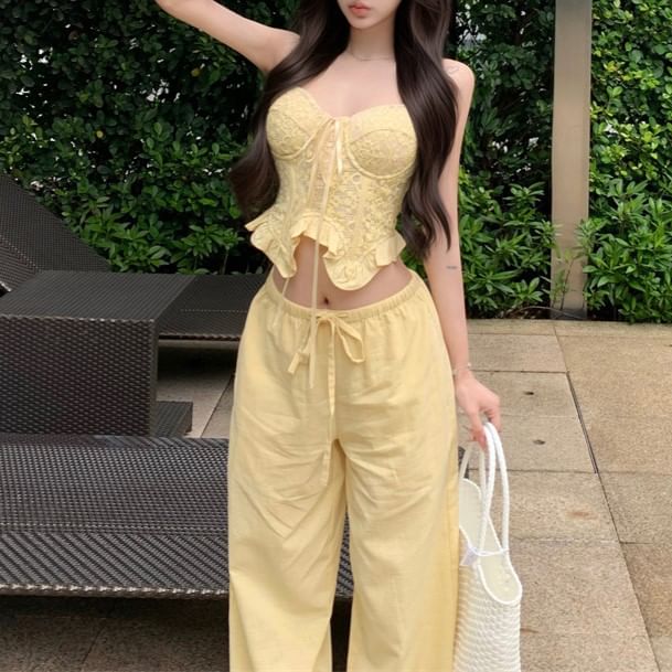 Crop Camisole Shirred / Top Ruffled Plain Mid Leg Waist Wide Pants