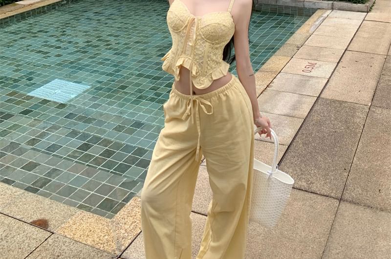 Crop Camisole Shirred / Top Ruffled Plain Mid Leg Waist Wide Pants