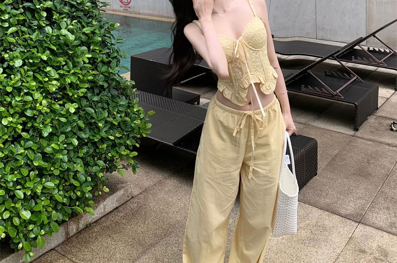 Crop Camisole Shirred / Top Ruffled Plain Mid Leg Waist Wide Pants