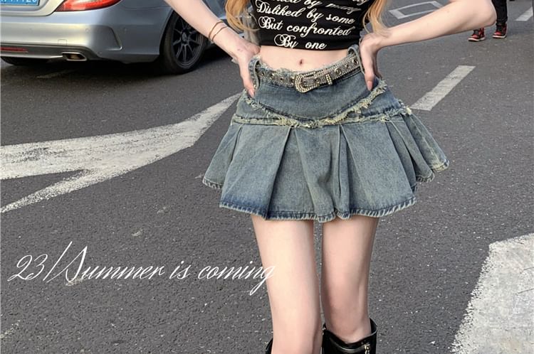 Trim Rise Mini Denim Washed A-Line Tassel Skirt Mid