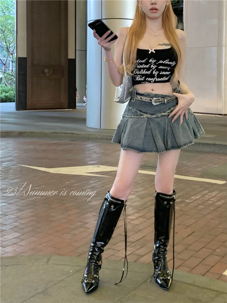 Trim Rise Mini Denim Washed A-Line Tassel Skirt Mid