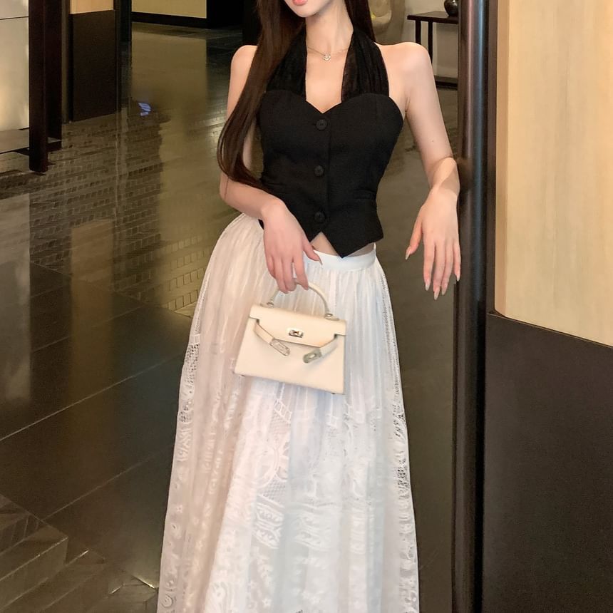 A-Line Lace Top Plain Waist Mid Button-Up Crop Skirt Midi / Halter-Neck