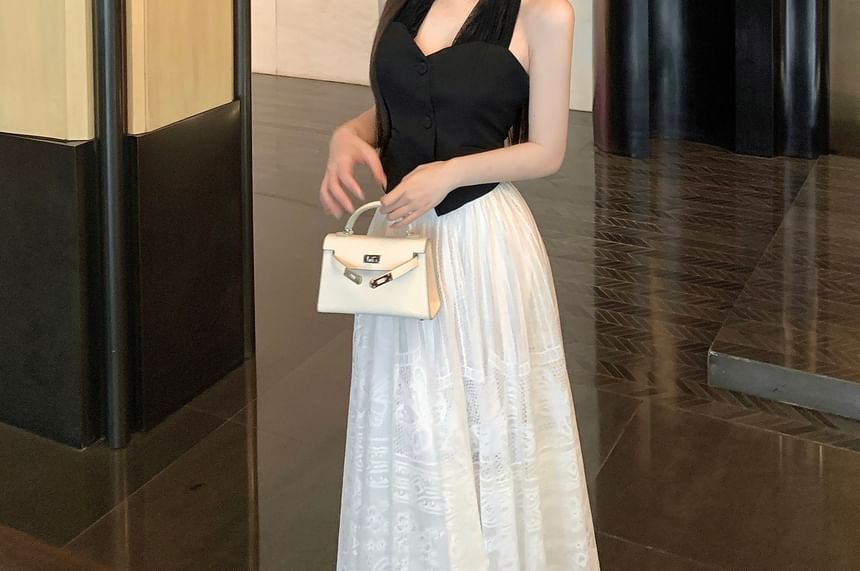 A-Line Lace Top Plain Waist Mid Button-Up Crop Skirt Midi / Halter-Neck