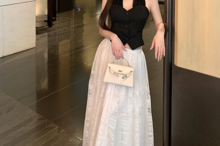 A-Line Lace Top Plain Waist Mid Button-Up Crop Skirt Midi / Halter-Neck
