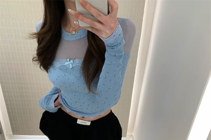 Crop Long-Sleeve Top Round Panel Neck Mesh Dotted