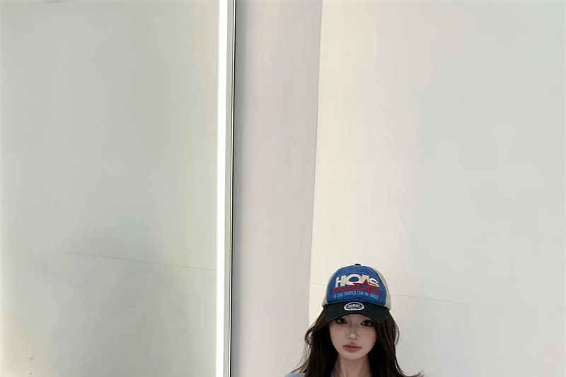 Crop Long-Sleeve Top Round Panel Neck Mesh Dotted