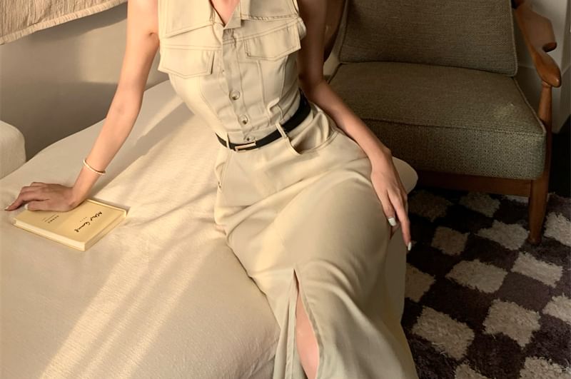 Button-Up A-Line Slit Sleeveless Midi Dress Collared