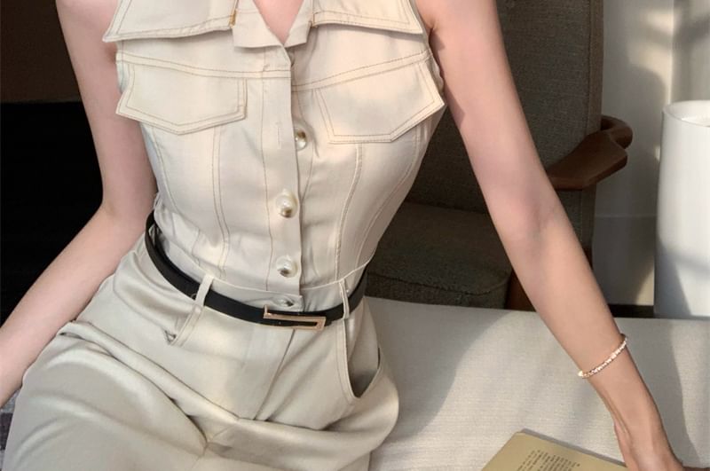 Button-Up A-Line Slit Sleeveless Midi Dress Collared