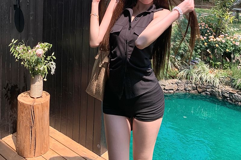 Button-Up Shirt Striped Halter-Neck Shirred