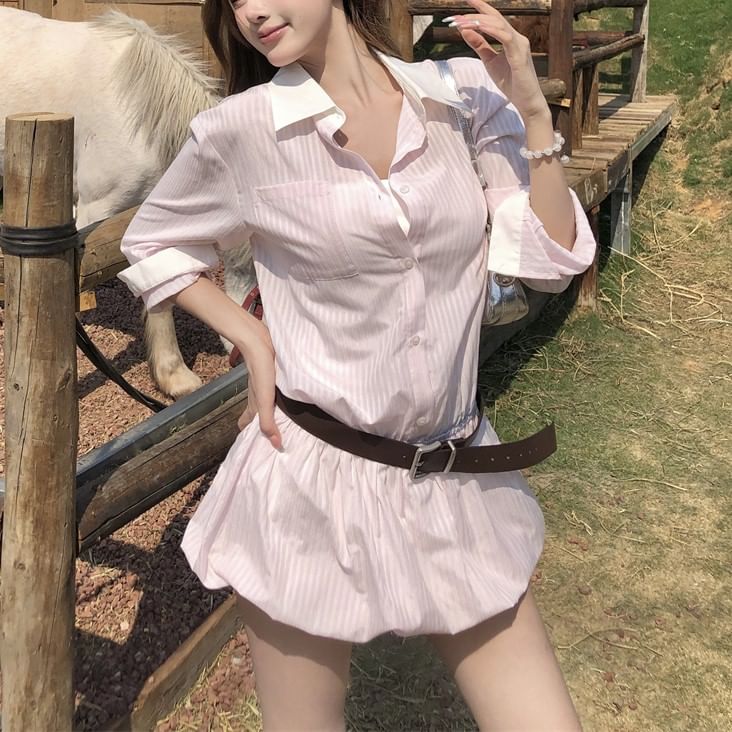 Shirtdress + Set: Belt Long-Sleeve Mini Striped Button-Up