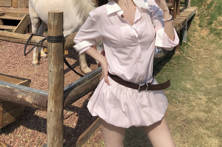 Shirtdress + Set: Belt Long-Sleeve Mini Striped Button-Up